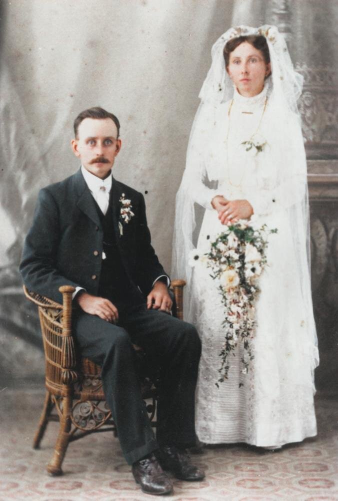 George Brown and Edna Jaenke on their wedding day, Lowood, Queensland, 1909, in colour